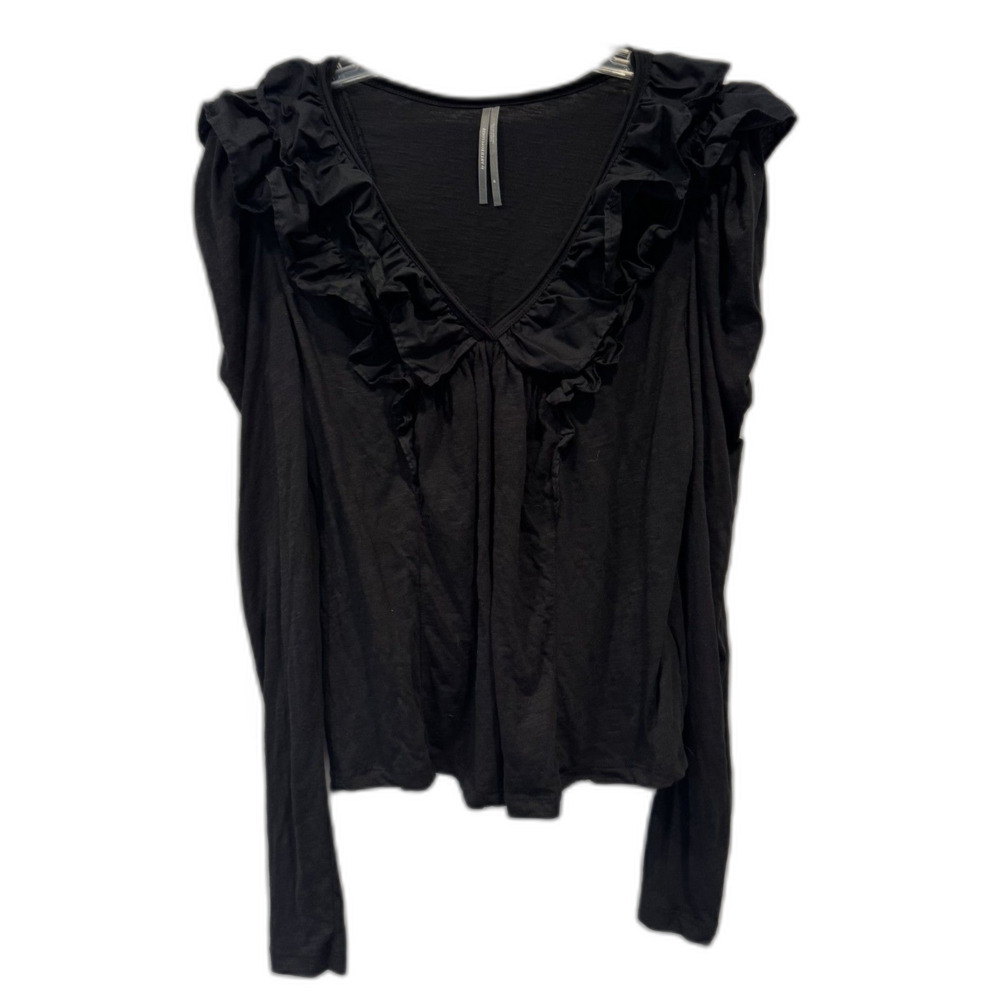 Anthropologie Top Black Ruffle V Neck Long Sleeve Romantic Blouse Women Medium - Picture 2 of 10